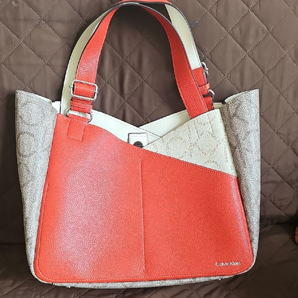 Calvin Klein Red, Beige & Tan Leather Shoulder Bag